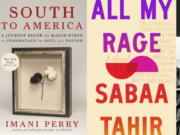 This combination of book cover images shows National Book Award winners, from left, "The Rabbit Hutch" by Tess Gunty, "South to America: A Journey Below the Mason-Dixon to Understand the Soul of a Nation" by Imani Perry, "All My Rage" by Sabaa Tahir, and "Punks: New & Selected Poems" by John Keene.
