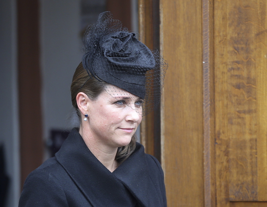 FILE - Princess Martha Louise of Norway leaves the protestant church after a funeral service for the late husband of Princess Benedikte, Prince Richard of Sayn-Wittgenstein-Berleburg, in Bad Berleburg, Germany, Tuesday, March 21, 2017. Princess M?rtha Louise, the daughter of Norway's King Harald, said Tuesday, Nov.