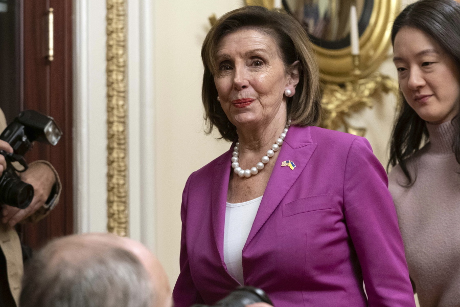Speaker of the House Nancy Pelosi of Calif., leaves the room after a ceremonial swearing-in on Capitol Hill in Washington, Monday, Nov.14, 2022.