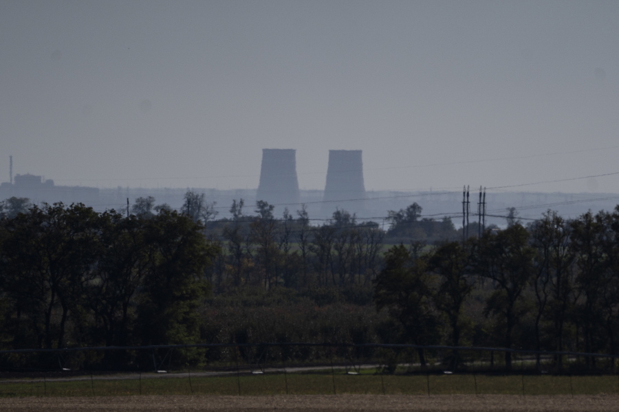 FILE - Zaporizhzhia nuclear power plant is seen from around twenty kilometers away in an area in the Dnipropetrovsk region, Ukraine, Monday, Oct. 17, 2022.