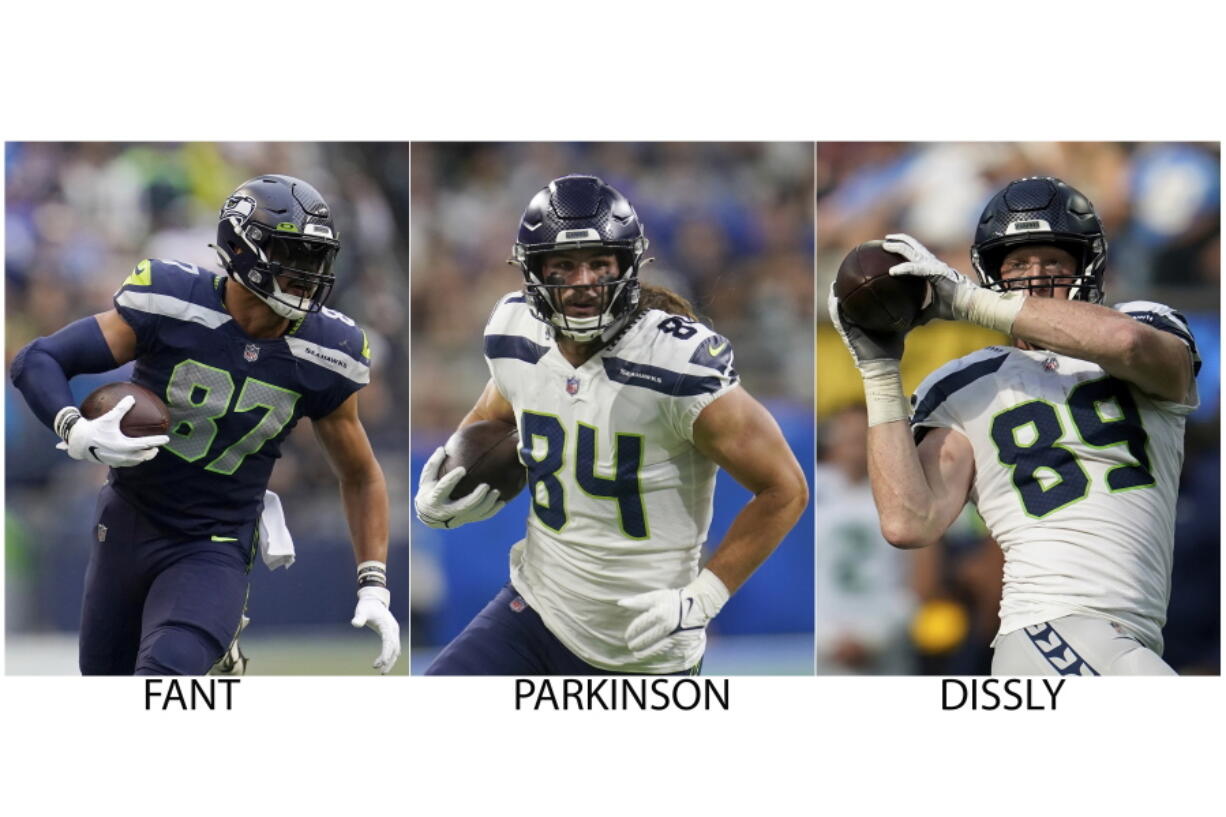 Seahawks tight ends Noah Fant (87), Colby Parkinson (84) and Will Dissly (89) have brought a needed element to the success Seattle is having offensively.
