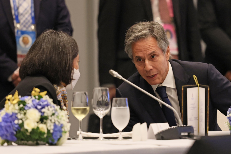 U.S. Secretary of State Antony Blinken takes part in a working lunch at the 33rd APEC Ministerial Meeting (AMM) during the Asia-Pacific Economic Cooperation (APEC) summit, Thursday, Nov. 17, 2022, in Bangkok, Thailand.