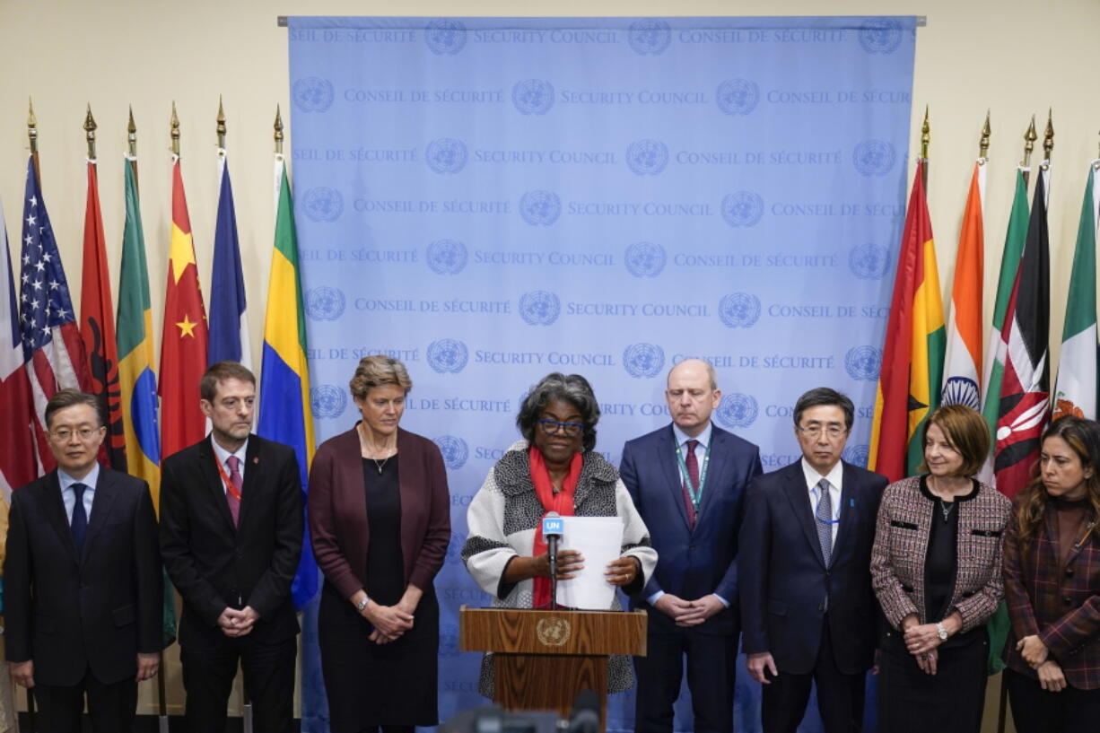 United States Ambassador to the United Nations Linda Thomas-Greenfield, center, makes a statement on behalf of other member states regarding North Korea after a Security Council meeting at U.N. headquarters, Monday, Nov. 21, 2022. The meeting was called to discuss recent North Korean missile launches. North Korean leader Kim Jong Un says the test of a newly developed intercontinental ballistic missile confirmed that he has another "reliable and maximum-capacity" weapon to contain any outside threats.