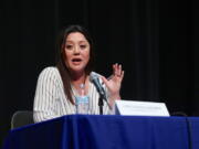 FILE - Republican Lori Chavez DeRemer speaks at a candidates debate for Oregon's 5th Congressional District at Lakeridge High School in Lake Oswego, Ore., Monday, Oct. 17, 2022. Chavez DeRemer is seeking election to Oregon's 5th Congressional District in the Nov. 8, 2022 election.