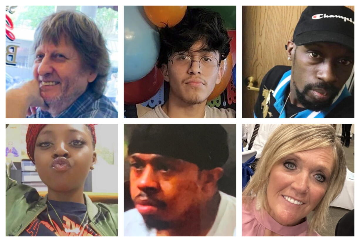 This combination of photos provided by the Chesapeake, Va., Police Department shows top row from left, Randy Blevins, Fernando Chavez-Barron, Lorenzo Gamble, and bottom row from left, Tyneka Johnson, Brian Pendleton and Kellie Pyle, who Chesapeake police identified as six victims of a shooting that occurred Tuesday, Nov. 22, 2022, at a Walmart store in Chesapeake.