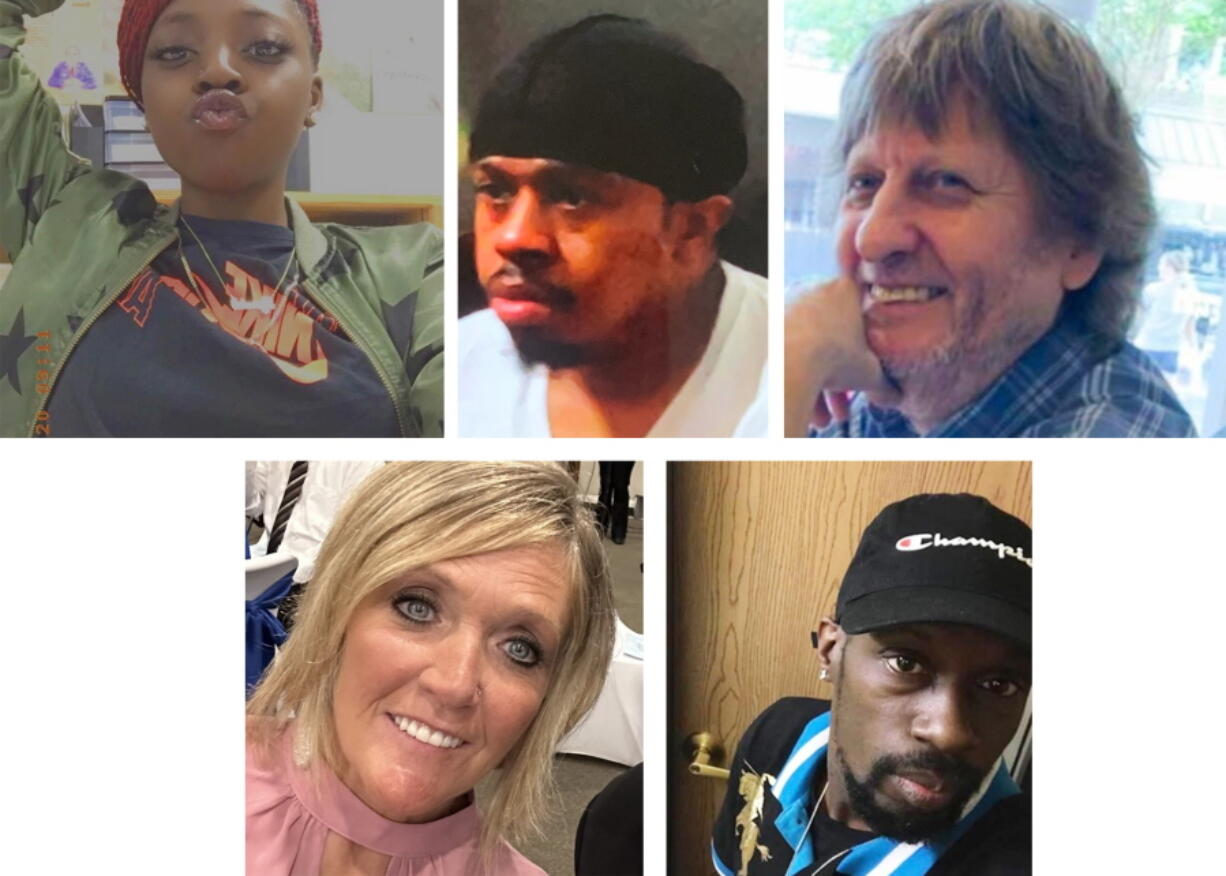This combination of photos provided by the Chesapeake, Va., Police Department shows top from left, Tyneka Johnson, Brian Pendleton and Randy Blevins, and, bottom from left, Kellie Pyle and Lorenzo Gamble, who Chesapeake police identified as victims of a shooting that occurred late Tuesday, Nov. 22, 2022, at a Walmart in Chesapeake.