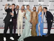 FILE - Luke Hemsworth, left, Jeffrey Wright, Aaron Paul, Angela Sarafyan, Tessa Thompson, Evan Rachel Wood and James Marsden attend the premiere of HBO's "Westworld" Season 4 at Alice Tully Hall on Tuesday, June 21, 2022, in New York.