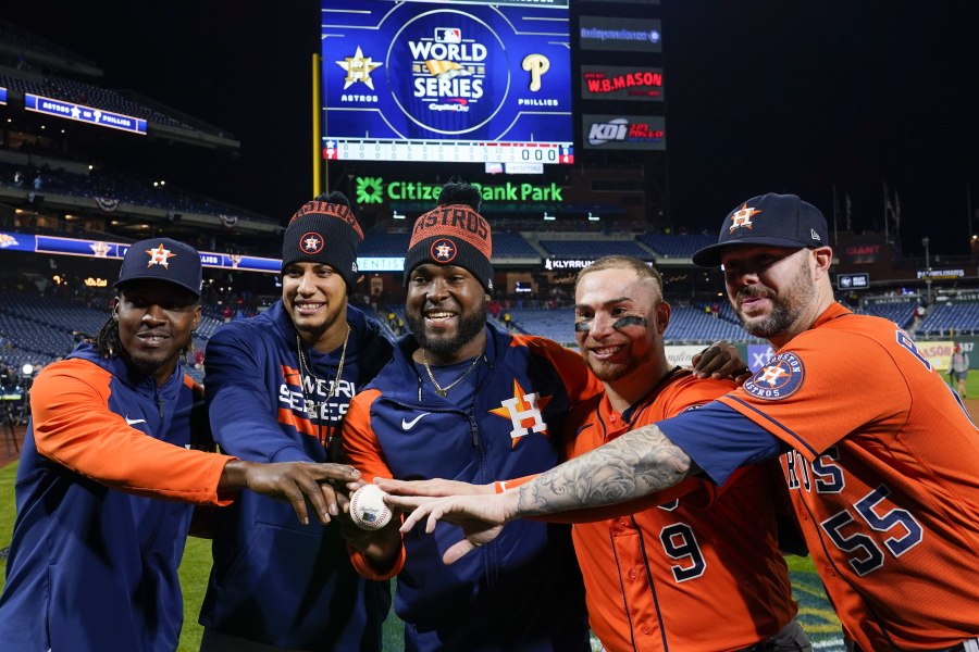 Houston Astross relief pitcher Rafael Montero, relief pitcher Bryan Abreu, starting pitcher Cristian Javier, catcher Christian Vazquez, and relief pitcher Ryan Pressly, from left, celebrate a combined no hitter after Game 4 of baseball's World Series between the Houston Astros and the Philadelphia Phillies on Wednesday, Nov. 2, 2022, in Philadelphia. The Astros won 5-0 to tie the series two games all.
