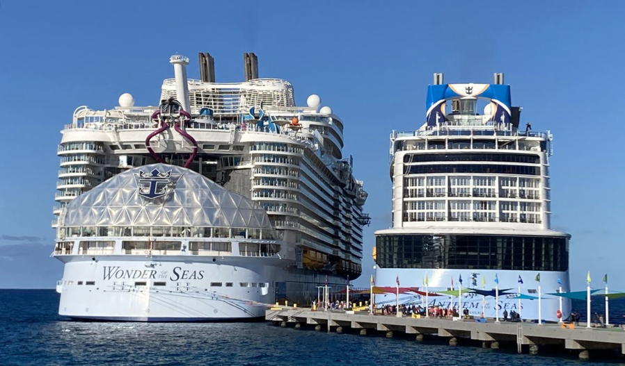 Royal Caribbean Wonder of the Seas began sailing from Port Canaveral for year-round service in November 2022. It's the current record holder for world's largest cruise ship. It's seen here dwarfing Anthem of the Seas docked alongside on Thursday, Dec. 8, 2022, at Royal Caribbean's private Bahamas island Coco Cay.