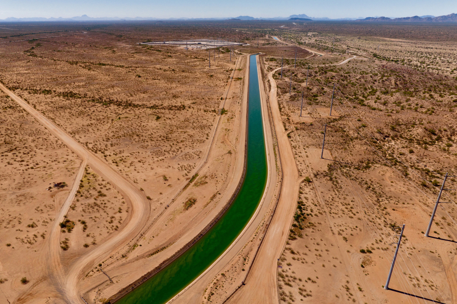 The Central Arizona Project Canal running through the desert in Arizona.