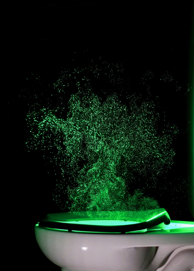 A plume of tiny water droplets (aerosols) being ejected from a flushing commercial toilet. Although the particles are normally invisible, they are illuminated here by intense laser light such that they can be photographed and measured.