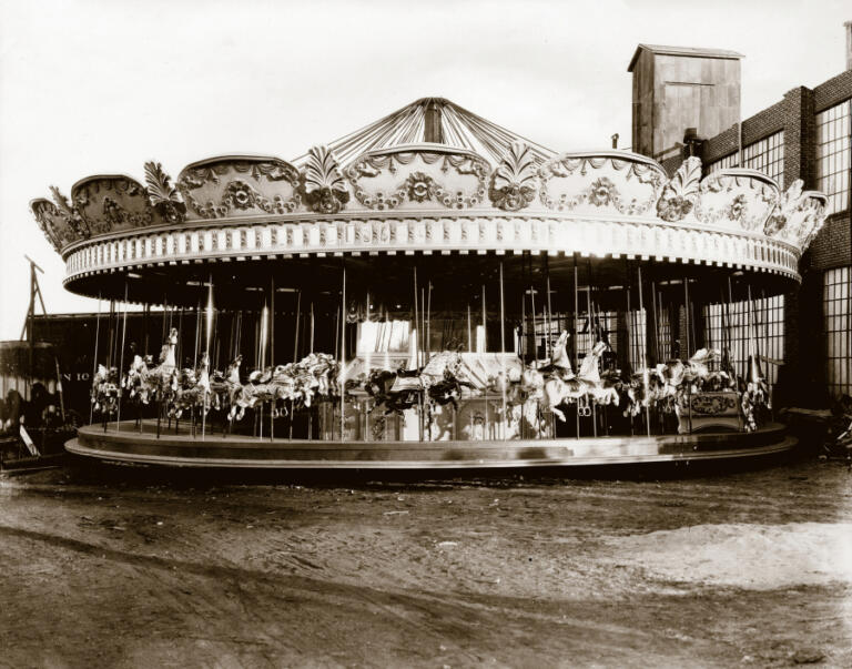The carousel featured at Jantzen Beach 1928 through 2012 was made at a C.W. Parker Amusement Company factory in Leavenworth, Kan. It's pictured here fully assembled outside the factory in 1921. (Barbara Fahs Charles Collection/C.W.