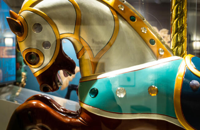 "Arthur" is one of the armored horses from the Jantzen Beach carousel. Restore Oregon renovated the 100-year-old small, inner row horse to its former glory. "Arthur" is on display at the Oregon Historical Society in Portland through April 2023.