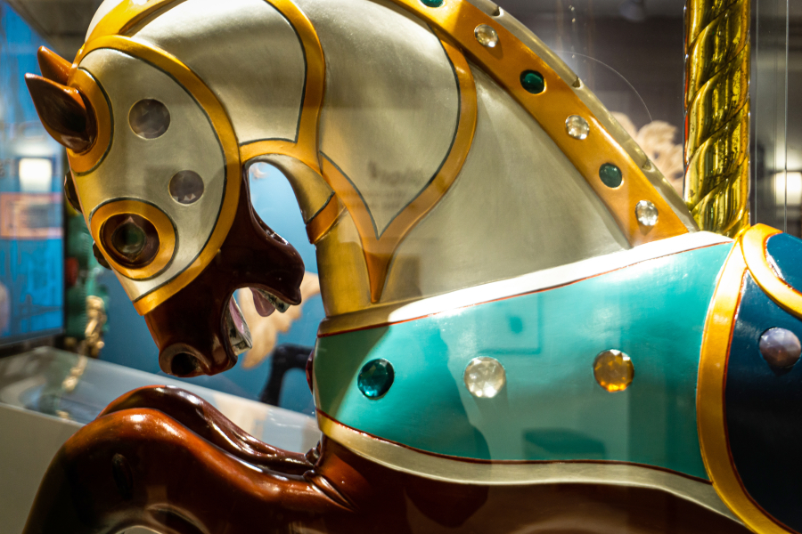 "Arthur" is one of the armored horses from the Jantzen Beach carousel. Restore Oregon renovated the 100-year-old small, inner row horse to its former glory. "Arthur" is on display at the Oregon Historical Society in Portland through April 2023.