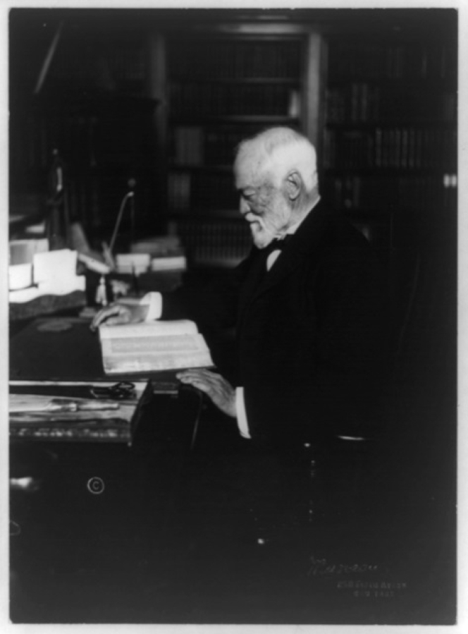 This 1913 photo shows Andrew Carnegie sitting in a favorite place, a library. He wrote in his autobiography that libraries helped his rise in business. Carnegie grants totaling more than $1 million built 43 libraries in Washington between 1901 and 1916. They contributed $45 million to build 1,689 libraries across the country.