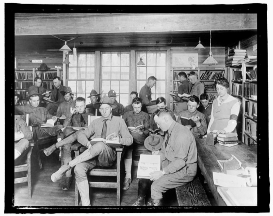 The YMCA Library hut at the Vancouver Barracks between 1917 and 1920. The tent was part of the American Library Association's Library War Service effort to improve the reading level of recruits headed to fight in France. The ALA and the YMCA collected books, sending 2.5 million overseas. The organizations also provided books for 651 military bases and 998 YMCA huts.