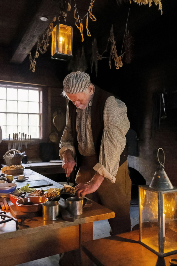Bob Prinz of Vancouver prepares an 1840s-inspired Christmas dinner. Prinz and fellow volunteers prepared seven courses for the Fort Vancouver meal.