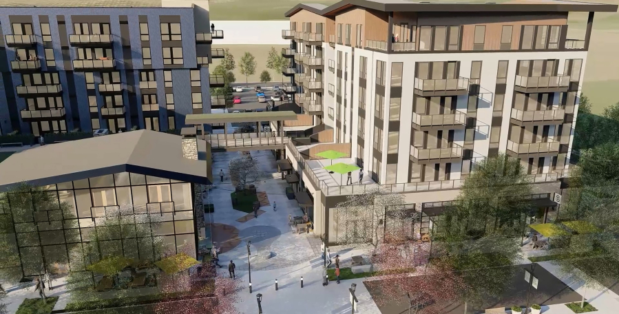 A rendering shows the future Hyas Point on the Washougal waterfront. Construction on the first phase, which includes 276 apartments and retail-restaurant space, is slated to begin by fall 2023.