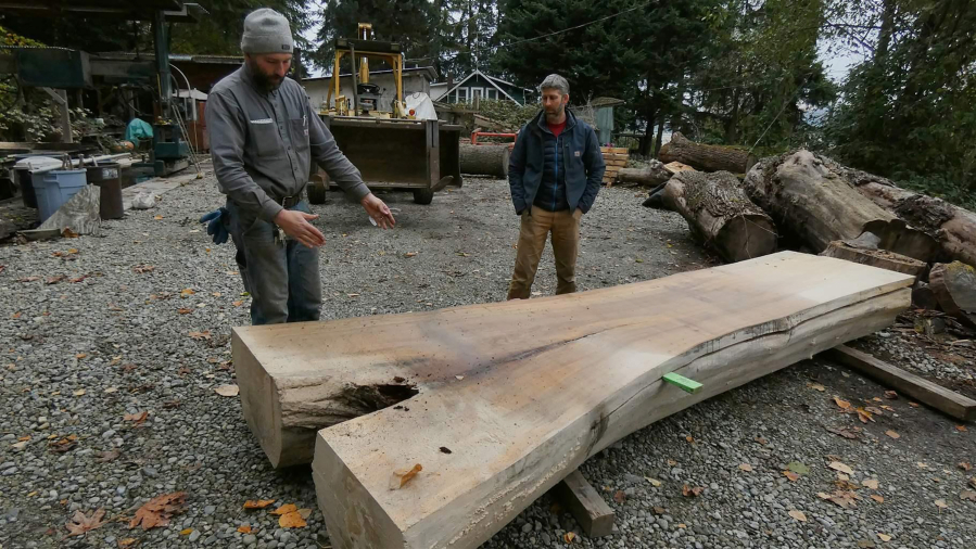 Peter Peterson, left, master sawyer with Urban Hardwoods, inspects a cut of an elm tree as operations manager Dave Hunzicker looks on. The Seattle-based company builds furniture out of salvaged urban trees that are supplied from within 15 miles of its shop.