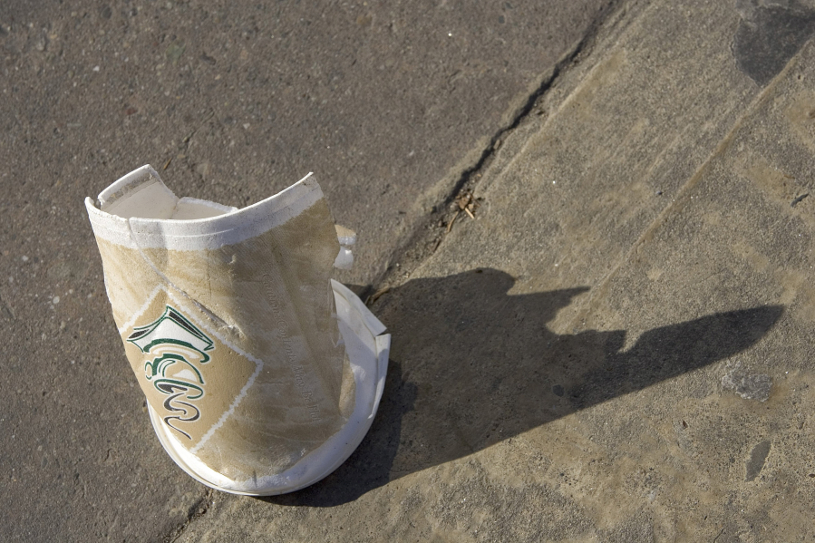 Used Styrofoam cups are seen on the streets on Jan., 1, 2007, in Oakland, Calif. The Los Angeles City Council has approved a new ban on Styrofoam.