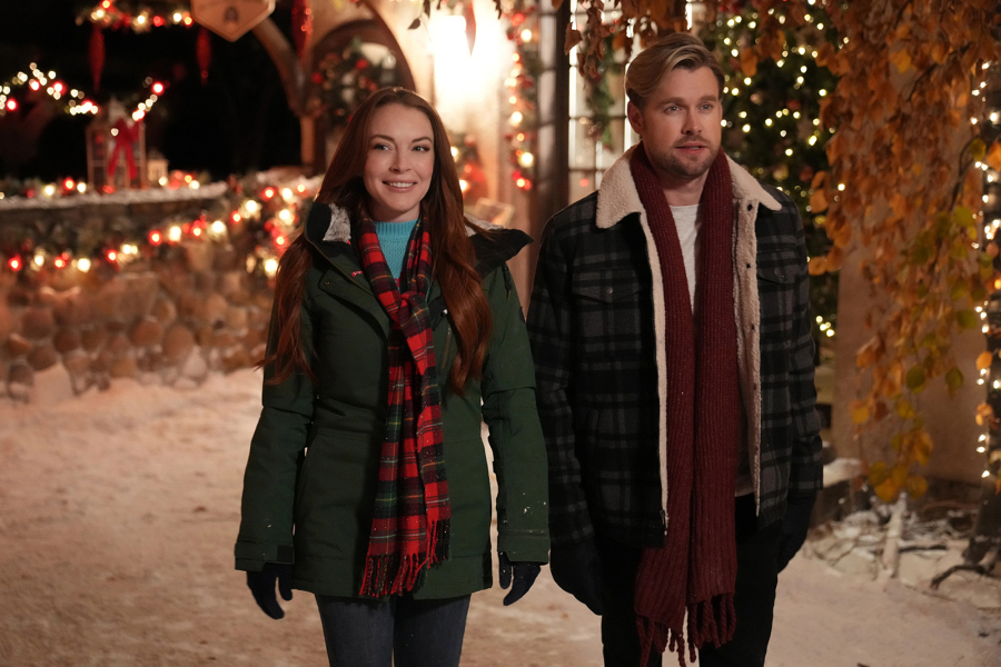 Lindsay Lohan and Chord Overstreet in "Falling for Christmas." (Scott Everett White/Netflix)