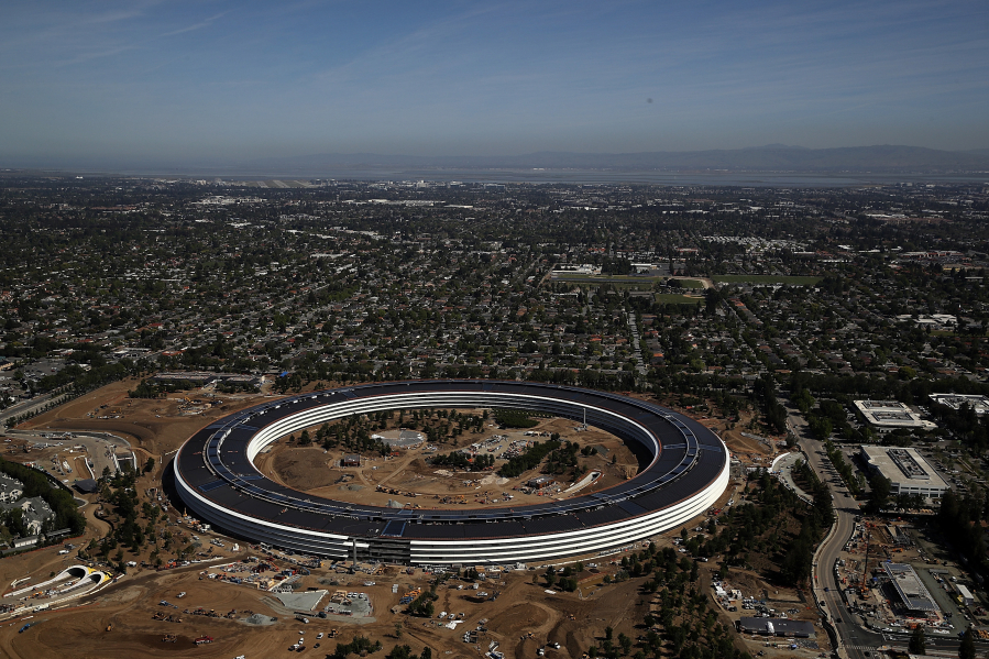 An aerial view of the Apple headquarters on April 28, 2017, in Cupertino, California.