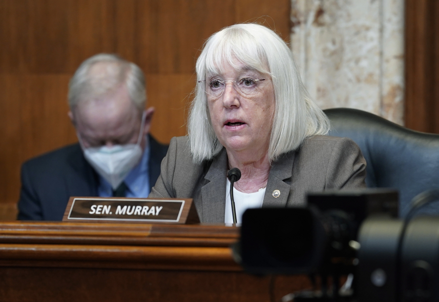 FILE - Sen. Patty Murray, D-Wash., speaks during the House Committee on Appropriations subcommittee on Labor, Health and Human Services, Education, and Related Agencies hearing. Murray faces Republican Tiffany Smiley in the November election. (AP Photo/Mariam Zuhaib, File) (j.