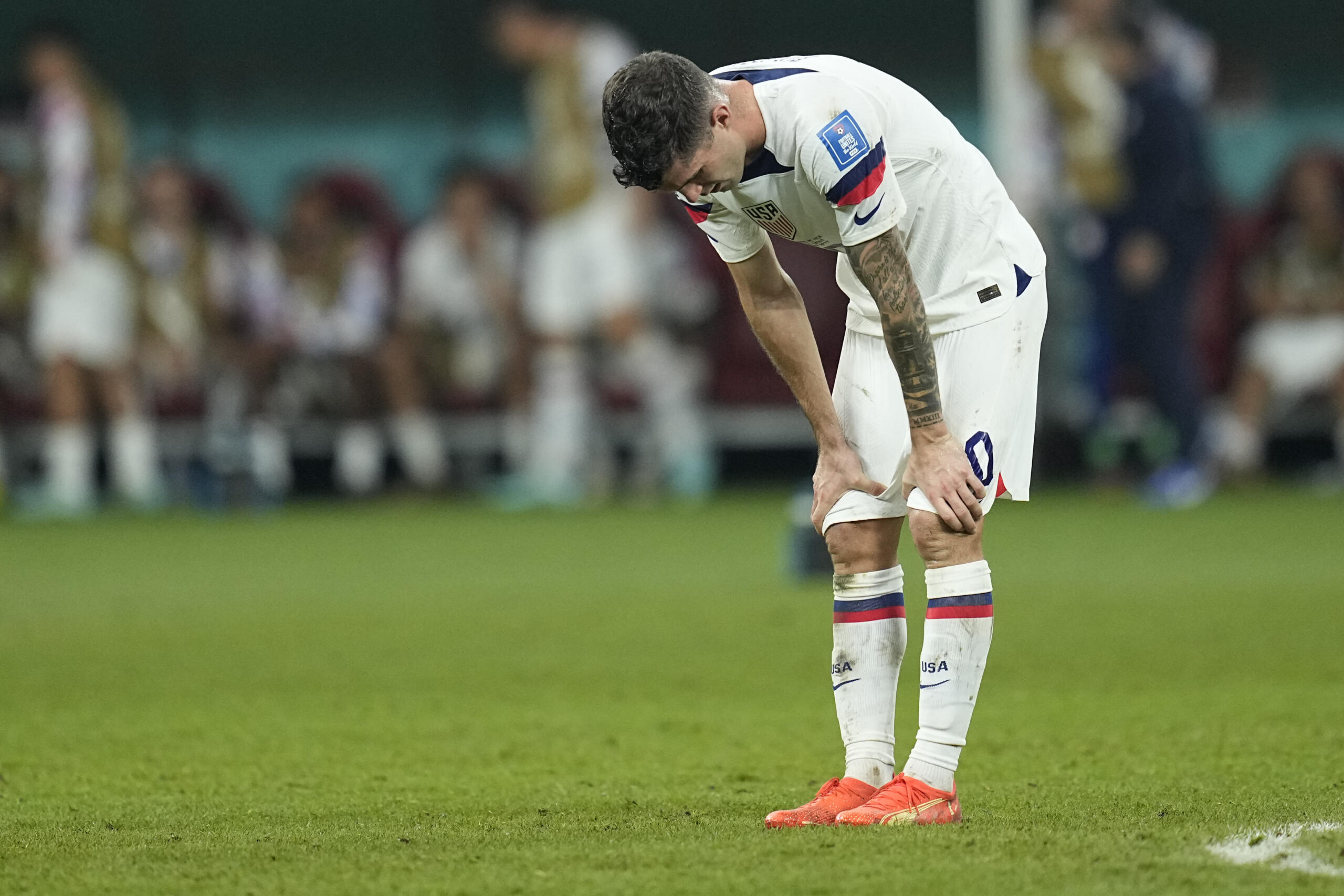 Christian Pulisic of the United States is dejected after the World Cup round of 16 soccer match between the Netherlands and the United States, at the Khalifa International Stadium in Doha, Qatar, Saturday, Dec. 3, 2022. Netherlands won 3-1.