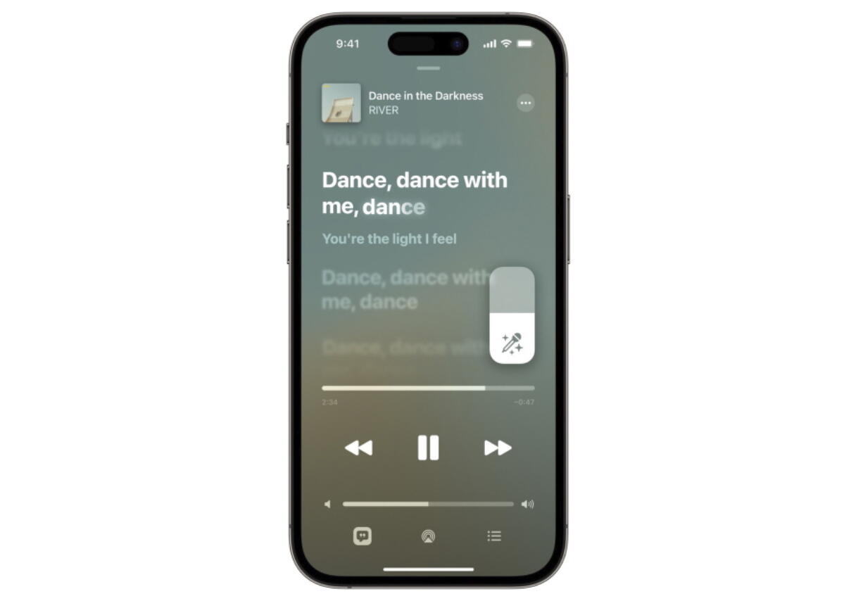 This image released by Apple Music shows Apple Music Sing, a new feature displayed an iPhone 14 Pro. The feature gives the user the ability to adjust a song's vocals and an enhanced beat-by-beat lyric display, which both also draw on the platform's massive song library. The result is what Apple hopes will be an effortless invitation to karaoke.