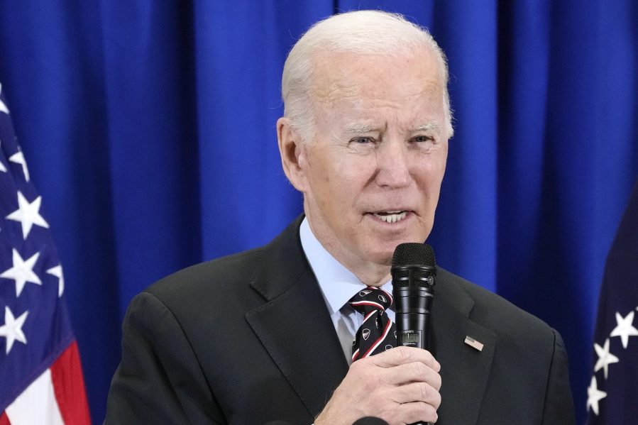 President Joe Biden speaks about the PACT Act, which helps veterans get screened for exposure to toxins, at the Major Joseph R. "Beau" Biden III National Guard/Reserve Center in New Castle, Del., Friday, Dec. 16, 2022.