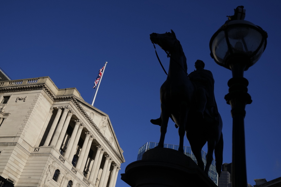 A statue of the Duke of Wellington in the square outside the Bank of England in London, Thursday, Dec. 15, 2022. The Bank of England raised the benchmark rate by half a percentage point, to 3.5%, the highest level in 14 years, but toned down the pace as inflation shows signs of easing.