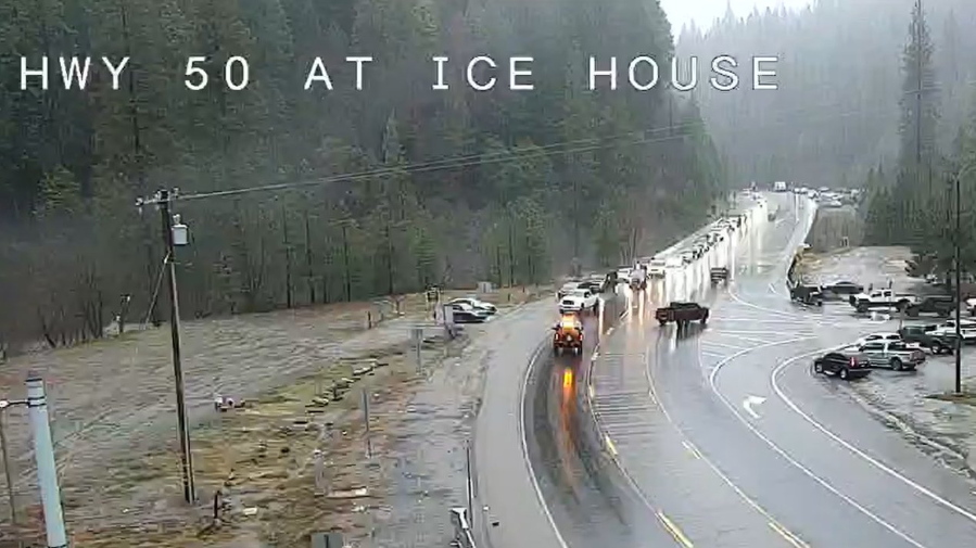 This traffic video image released by Caltrans District 3 shows Highway 50 is closed from Ice House Road to Meyers in El Dorado County, Calif., due to flooding, Saturday, Dec. 31, 2022. A flood watch is in effect across much of Northern California through New Year's Eve. Officials warned that rivers and streams could overflow and urged residents to get sandbags ready.