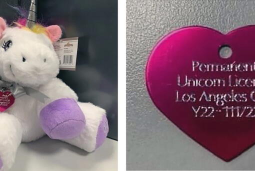 These images released by the Los Angeles County Animal Care and Control and posted via Instagram, shows a created a unicorn license tag, right, and a plush toy unicorn, after a young girl requested permission to have a unicorn in her backyard, if she could find one. Animal Care and Control Department officials said this week that they granted the unusual permit to Madeline, whose last name was redacted.