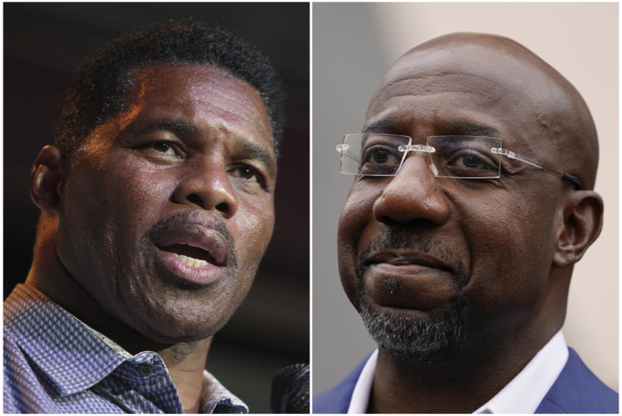 This combination of photos shows Herschel Walker, Republican candidate for U.S. Senate for Georgia, on May 23, 2022, in Athens, Ga., left, and Democratic nominee for U.S. Senate Sen. Raphael Warnock on Nov. 10, 2022, in Atlanta. Walker is running against Warnock in a runoff election.