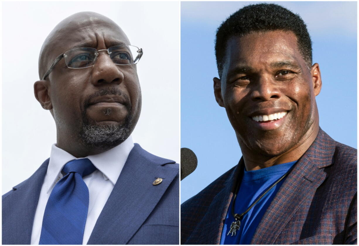 This combination of photos shows, Sen. Raphael Warnock, D-Ga., speaking to reporters on Capitol Hill in Washington, Aug. 3, 2021, left, and Republican Senate candidate Herschel Walker speaking in Perry, Ga., Sept. 25, 2021. Walker is in a runoff election with incumbent Warnock.