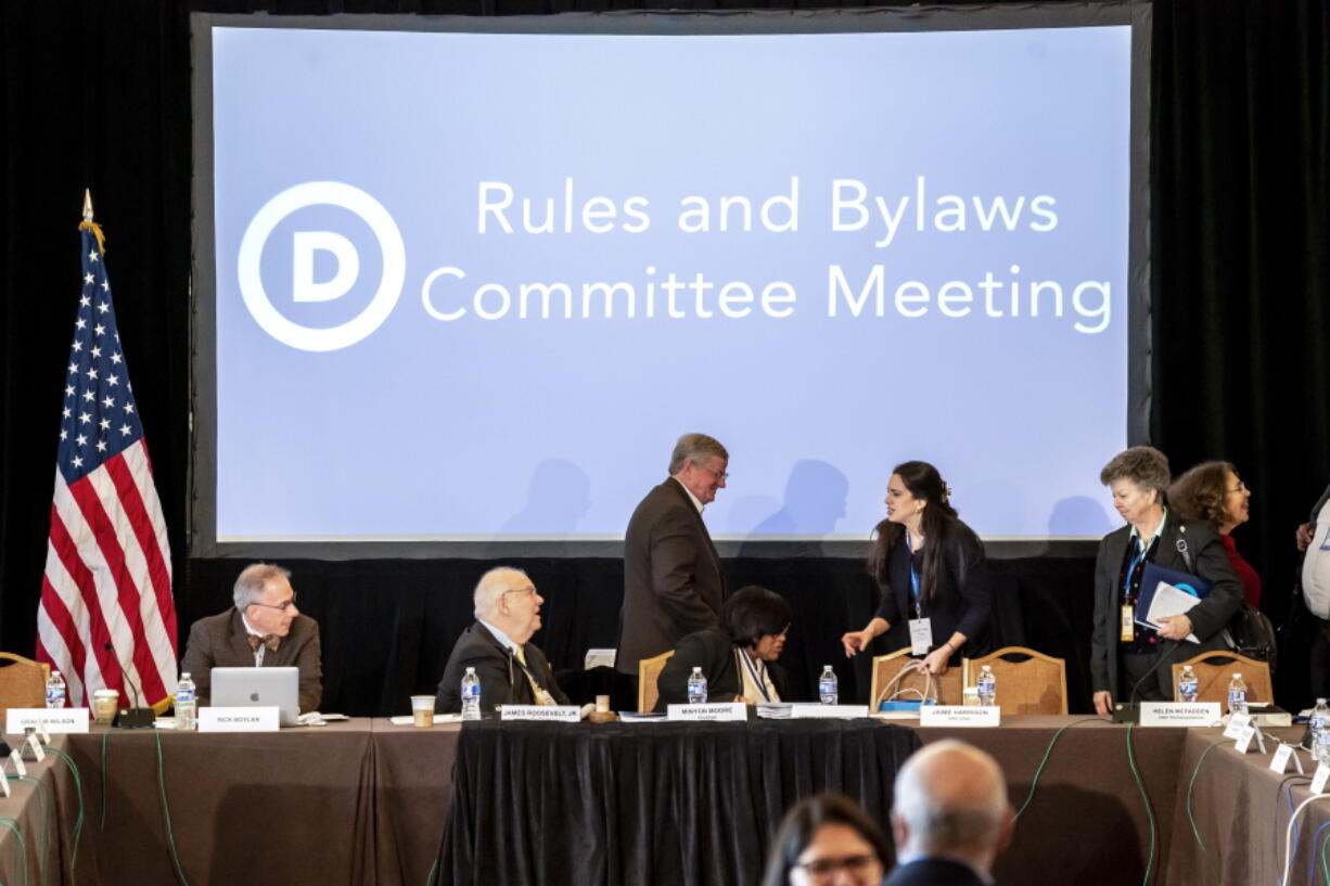The Democratic National Committee Rules and Bylaws Committee discuss proposed changes to the primary system during a meeting at the Omni Shoreham Hotel on Friday, Dec. 2, 2022, in Washington.