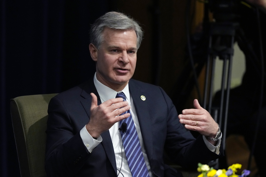FBI Director Christopher Wray speaks at the Gerald R. Ford School of Public Policy at the University of Michigan, Friday, Dec. 2, 2022, in Ann Arbor, Mich.