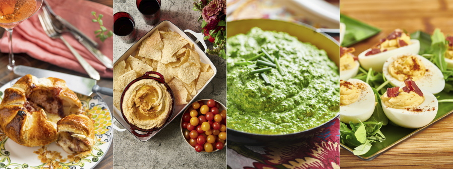 This combination of photos shows recipes for Baked Brie en Croute with Raspberry Jam, from left, hummus, Parmesan Feta Spinach Dip and Deviled Eggs. (Cheyenne M.