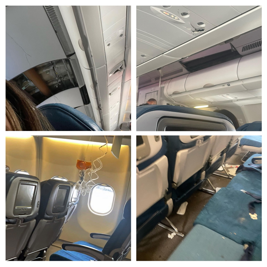 This photo combination of mobile images, courtesy of passenger Jazmin Bitanga, shows the interior of a Hawaiian Airlines plane flying from Phoenix to Honolulu after severe turbulence rocked the flight, Sunday, Dec. 18, 2022.