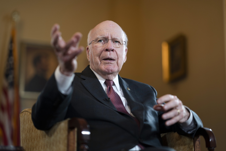 Sen. Patrick Leahy, D-Vt., the president pro temper of the Senate, discusses his life in the Senate and his Vermont roots during an Associated Press interview in his office at the Capitol in Washington, Monday, Dec. 19, 2022. The U.S. Senate's longest-serving Democrat, Leahy is getting ready to step down after almost 48 years representing his state in the U.S. Senate. (AP Photo/J.