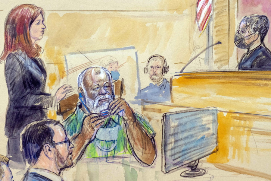 FILE - The artist sketch depicts Assistant U.S. Attorney Erik Kenerson, front left, watching as Whitney Minter, a public defender from the eastern division of Virginia, stands to represent Abu Agila Mohammad Mas'ud Kheir Al-Marimi, accused of making the bomb that brought down Pan Am Flight 103 over Lockerbie, Scotland, in 1988, in federal court in Washington, Monday, Dec. 12, 2022, as Magistrate Judge Robin Meriweather listens.  Libyan officials say a powerful militia was involved in the clandestine detention and questioning of a suspect in the 1988 downing of a New York-bound PanAm flight over Lockerbie, Scotland. The alleged bombmaker involved in the attack, Abu Agila Mohammad Mas'ud Kheir Al-Marimi, was eventually extradited to the United States earlier this month, under orders from one of two rival governments running Libya.