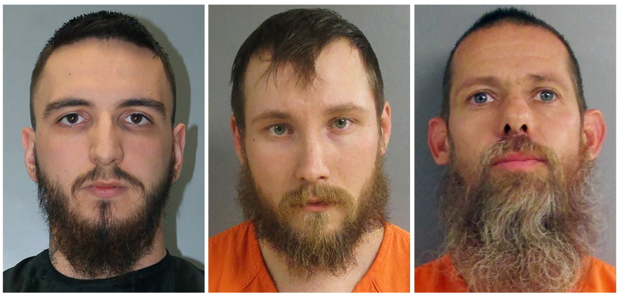 FILE - This combo of undated booking photos provided by Alvin S. Glenn Detention Center, left, and Jackson County Sheriff's Office, show, from left, Paul Bellar, Joseph Morrison and Pete Musico. The three men who forged an early alliance with the leader of a plot to kidnap Michigan's governor will return to court on Thursday, Dec. 15, 2022, and are facing potentially lengthy sentences for assisting him in the months before the FBI broke up the cabal in 2020. (Alvin S.