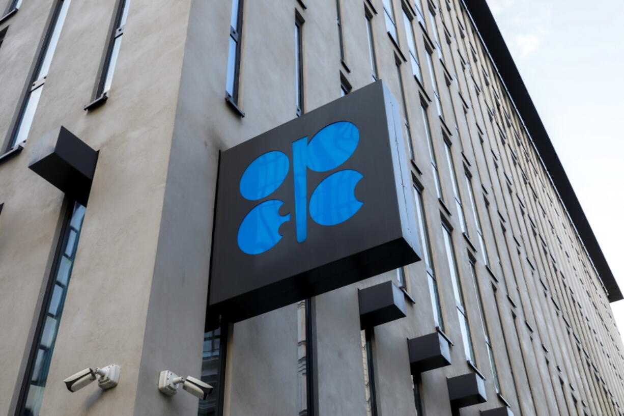 FILE - The logo of the Organization of the Petroleoum Exporting Countries (OPEC) is seen outside of OPEC's headquarters in Vienna, Austria, on March 3, 2022.