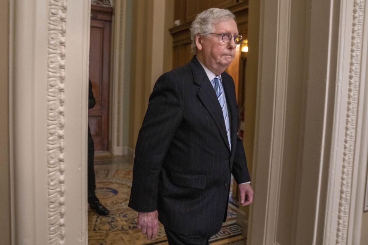 Senate Minority Leader Mitch McConnell, of Ky., arrives for a news conference with members of the Senate Republican leadership, Tuesday, Dec. 6, 2022, on Capitol Hill in Washington.