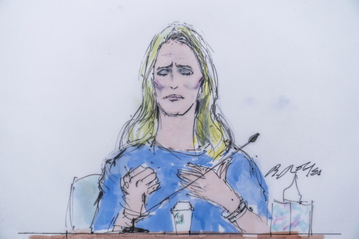 In this courtroom artist sketch, Jennifer Siebel Newsom, a documentary filmmaker and the wife of California Gov. Gavin Newsom, testifies at the trial of Harvey Weinstein in Los Angeles, Monday, Nov. 14, 2022.
