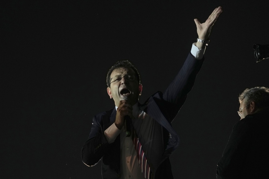 Istanbul Mayor Ekrem Imamoglu, speaks to his supporters during a rally in Istanbul, Wednesday, Dec. 14, 2022. A court in Turkey sentenced the mayor of Istanbul, the country's most populous city, to two years and seven months in prison Wednesday on charges of insulting members of Turkey's Supreme Electoral Council.
