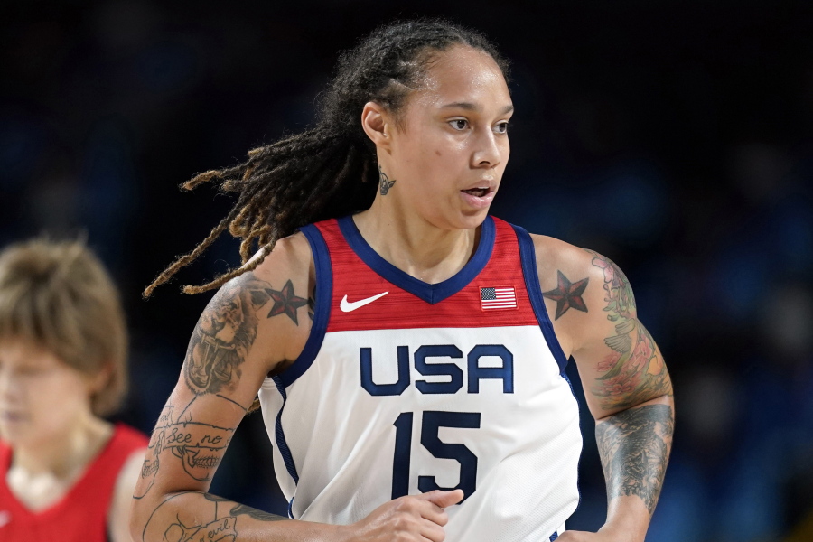 FILE - Brittney Griner (15) runs up court during the women's basketball gold medal game against Japan at the 2020 Summer Olympics on Aug. 8, 2021, in Saitama, Japan. The return of Brittney Griner to the United States in a dramatic prisoner swap with Russia marked the culmination of a 10-month ordeal that captivated world attention, a saga that landed at the intersection of sports, politics, race and gender identity -- and wartime diplomacy.