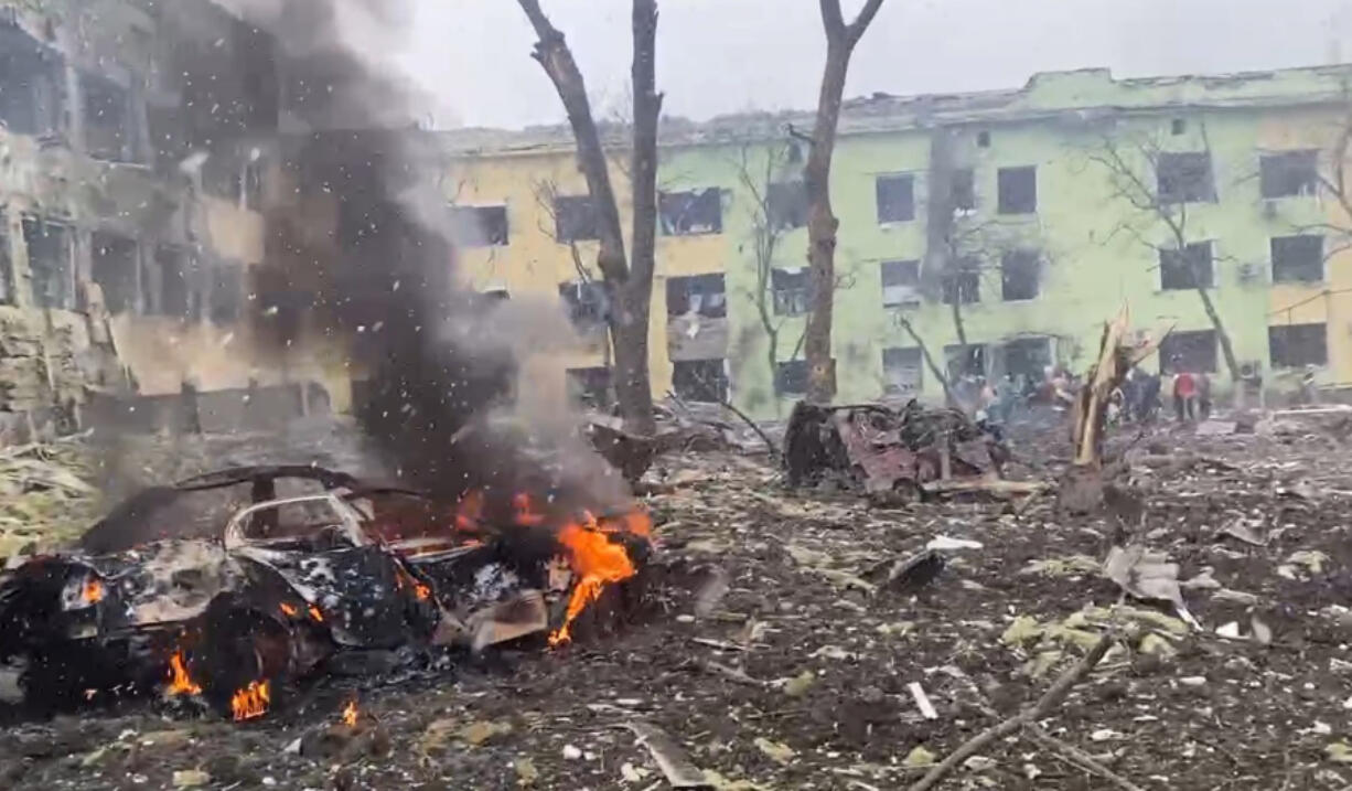 The aftermath of a Russian airstrike on a maternity hospital in the Ukrainian city of Mariupol on March 9, 2022.