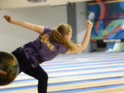 Columbia River's Sadie Burrows bowls during a match against Fort Vancouver at Hazel Dell Lanes on Friday, Jan. 20, 2023.