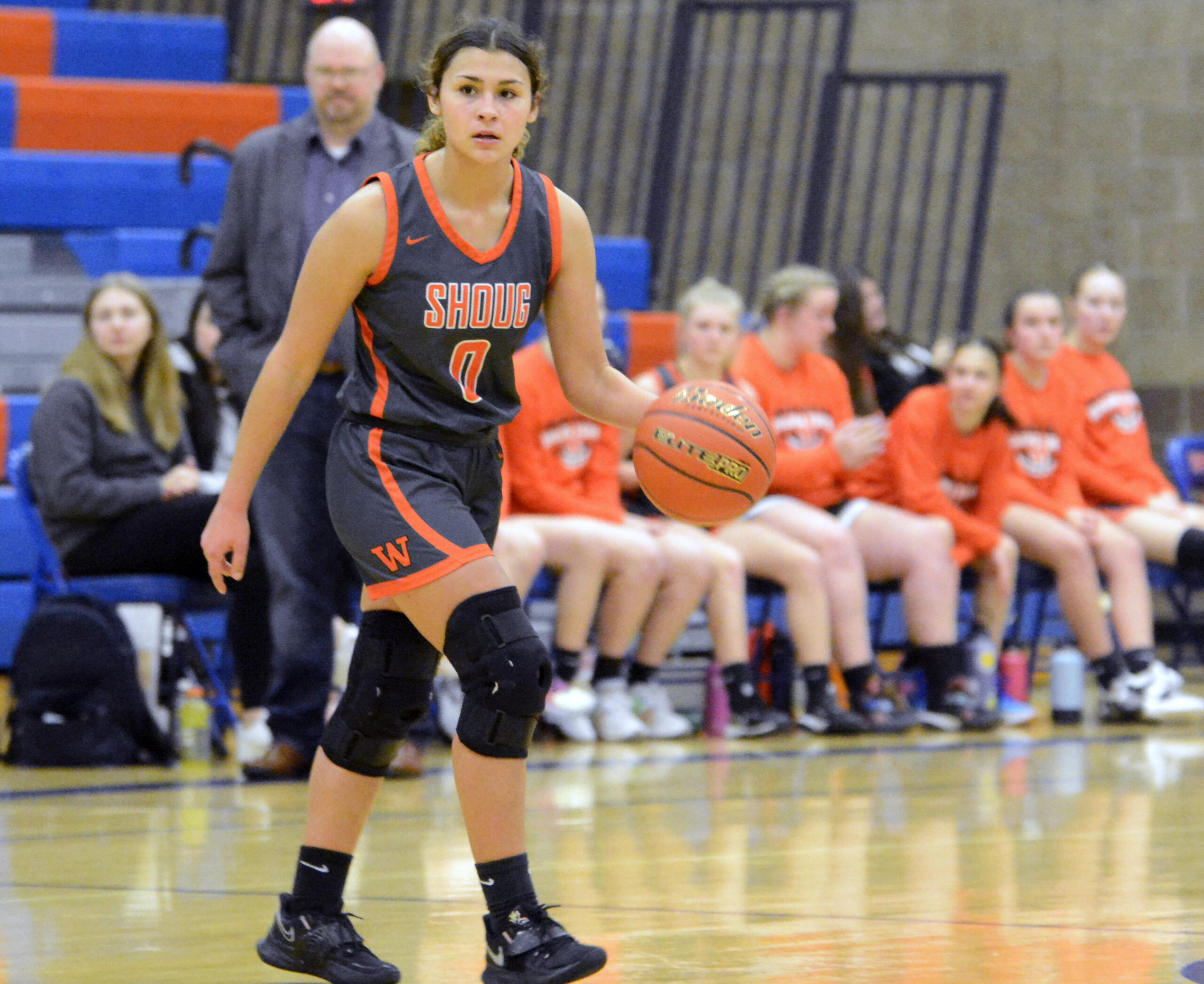 Washougal senior Chloe Johnson (0) sets up the Panthers’ offense during a game against Ridgefield on Tuesday, Jan. 24, 2023, at Ridgefield High School.